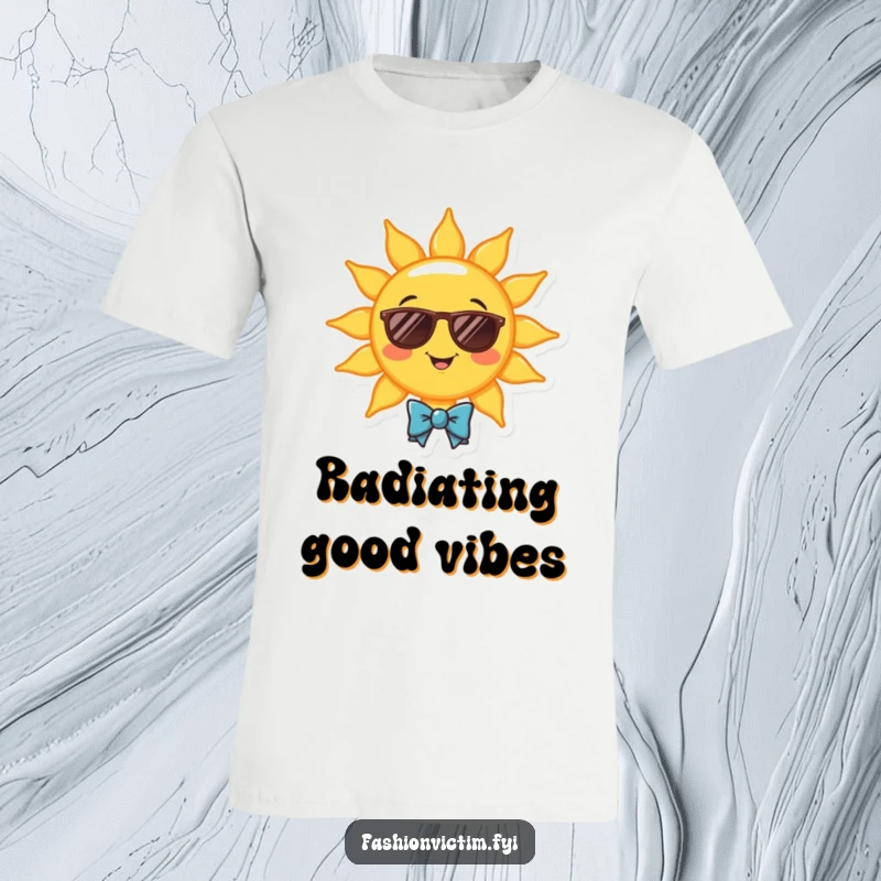 Funny t-shirt with a smiling sun wearing sunglasses and a bowtie. Cool, humorous apparel for gifting.