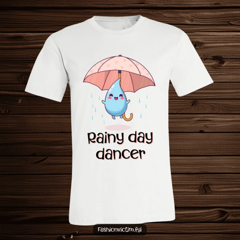 Funny T-Shirt of a playful raindrop character gleefully bouncing on a patterned umbrella, enjoying a wet day.