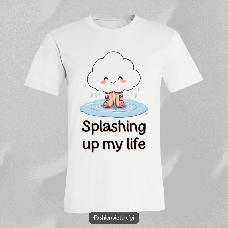 Funny t-shirt depicting a smiling rain cloud character splashing in a puddle, wearing stylish boots, embodying rainy day happiness.