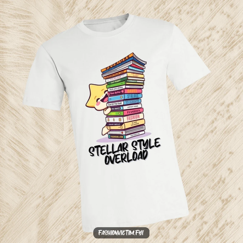 Funny star character laughing hard while precariously balancing a huge stack of fashion magazines on a t-shirt.