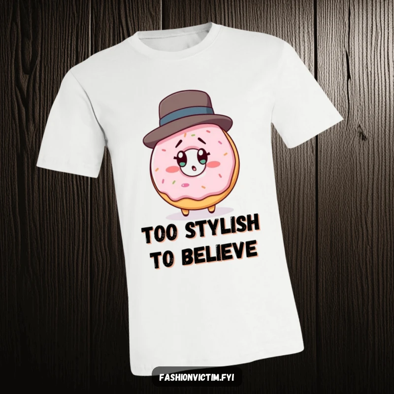 Funny t-shirt featuring a donut character wearing a small designer hat, looking shocked at its reflection, embracing pastry vanity.