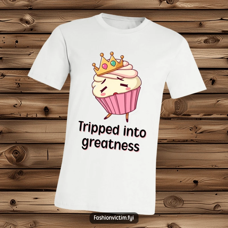 Funny t-shirt depicting a confused cupcake wearing a backward crown and tripping, a sweet disaster.