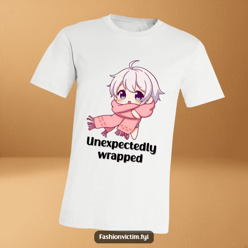 Funny t-shirt featuring a character comically tangled in a long scarf, beaming with a look of happy surprise.