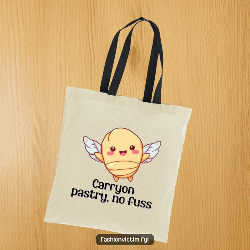 Funny tote bag featuring a happy croissant character with tiny wings, soaring gracefully. A practical and amusing pastry-themed accessory.