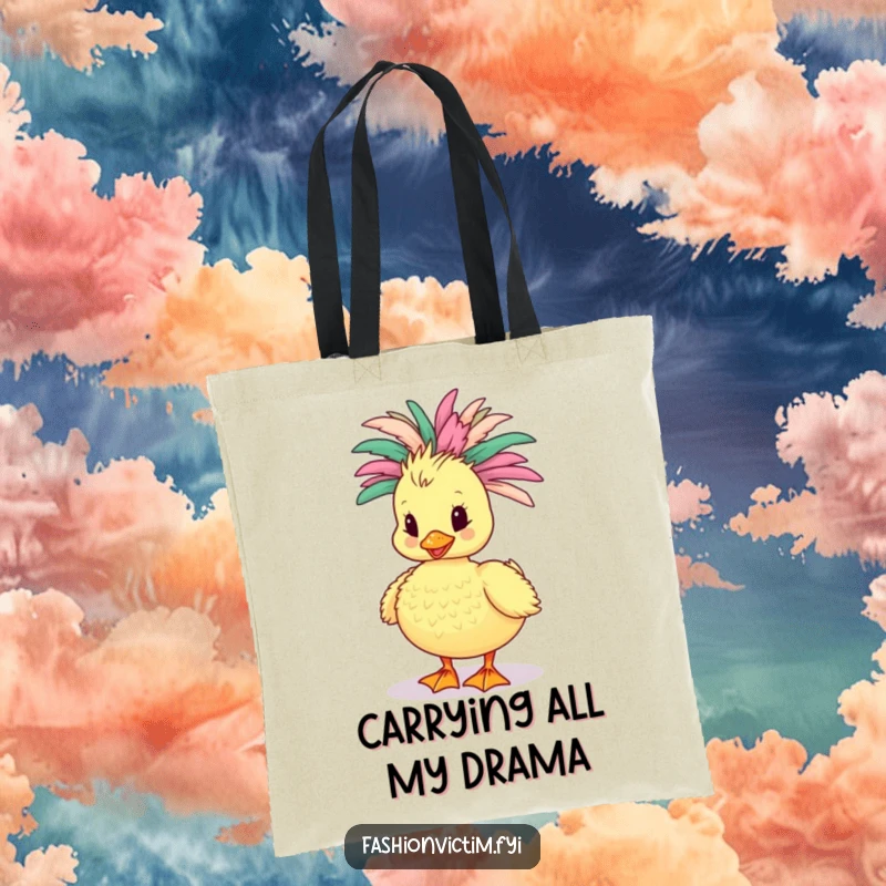 Funny Duckling Tote Bag: A stylish duckling parades in a dramatic, feathery boa, ready to carry your treasures with flair.
