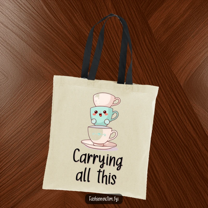 Funny teacup tote bag, a bewildered teacup precariously balancing teacups, carrying essentials with humor.