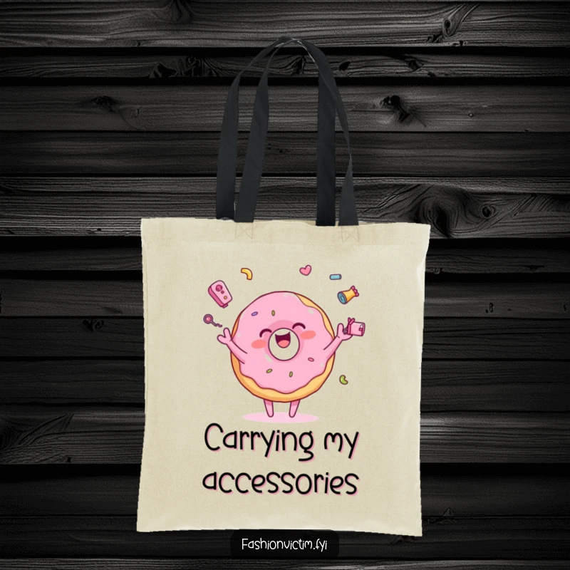 Funny tote bag with a pink donut character joyfully juggling tiny, colorful accessories, perfect for carrying items with sweetness and style.
