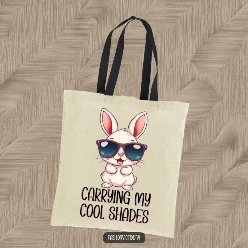 Funny tote bag with a small bunny gleefully wearing oversized sunglasses; perfect for carrying everyday items with a cool vibe.