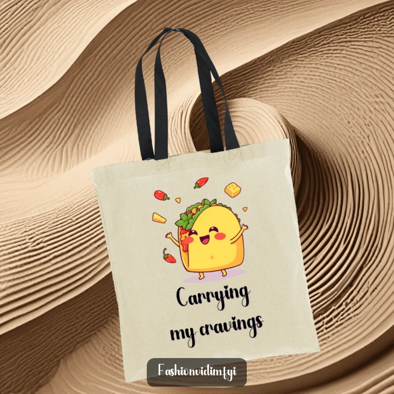 Funny Kawaii taco tote bag, a smiling taco juggling, perfect for carrying essentials with a touch of humor and charm.