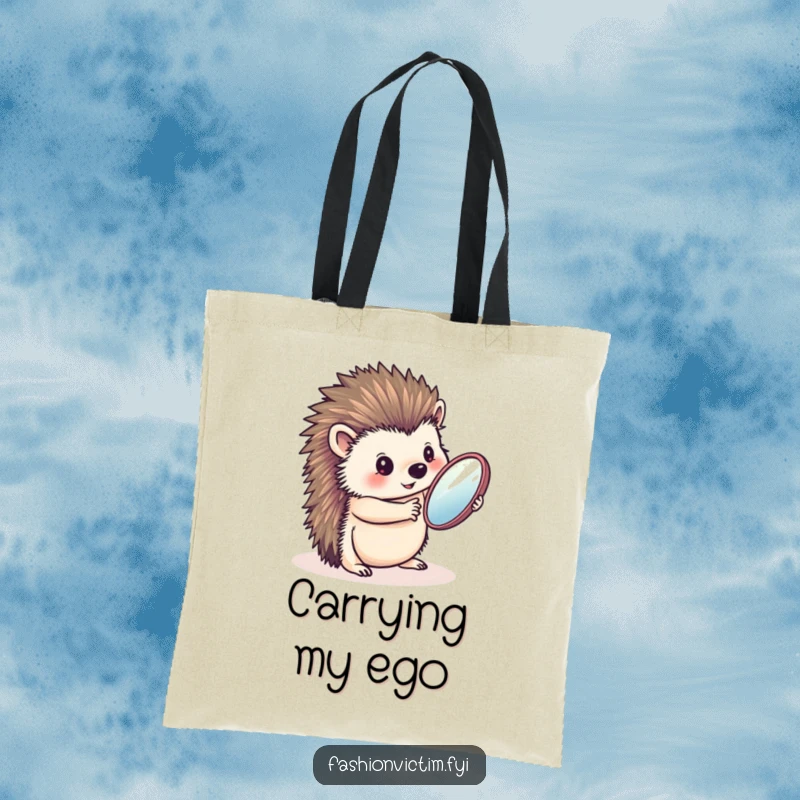 Funny tote bag featuring a charming hedgehog admiring itself in a handheld mirror, perfect for carrying daily essentials with a humorous flair.