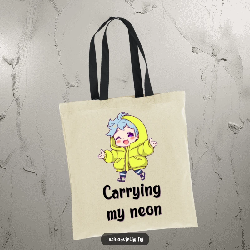 Funny tote bag with a character modeling a neon green puffy jacket, ideal for carrying items with a fashionable and vibrant vibe.