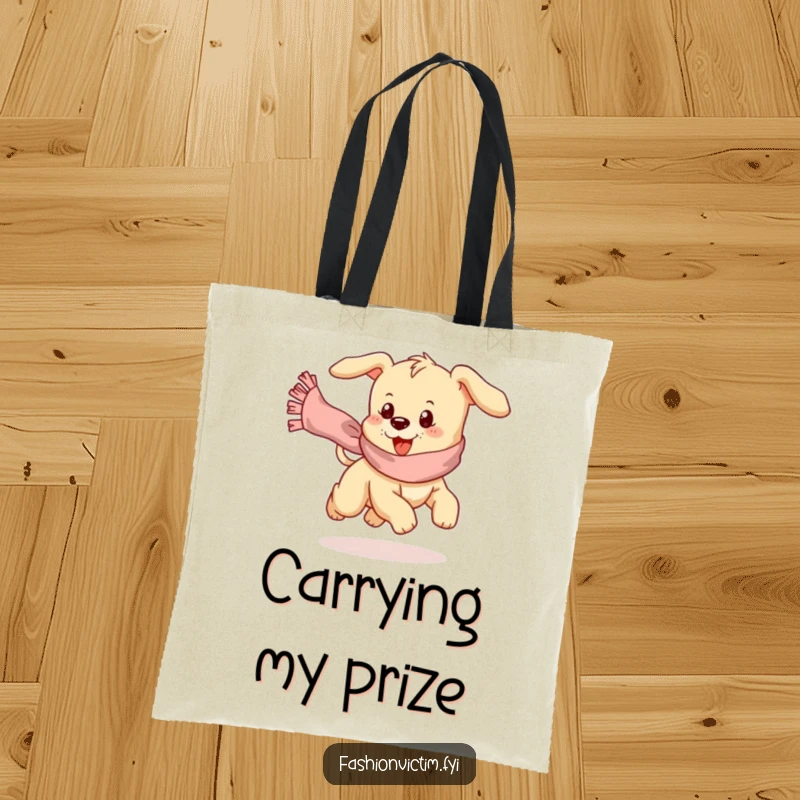 Funny tote bag showing a playful puppy comically chasing a runaway, frilly scarf, perfect for dog parents.