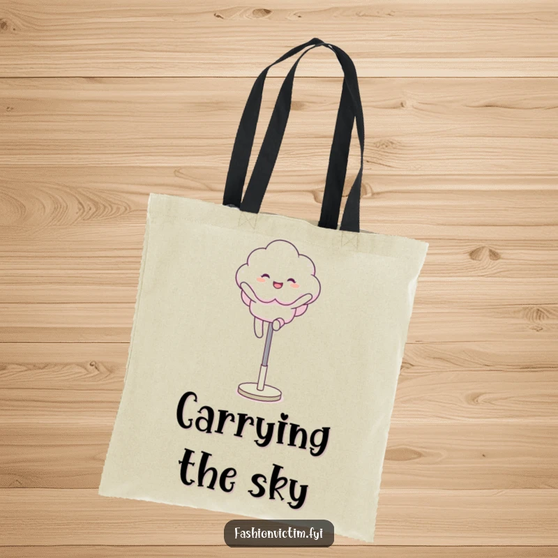 Funny tote bag with a fluffy cloud character joyfully leaping over a mannequin leg, a practical accessory with a whimsical touch.