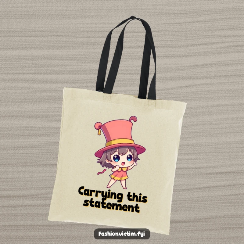 Funny tote bag featuring a character posing dramatically with a towering, brightly colored hat, highlighting dramatic fashion choices.