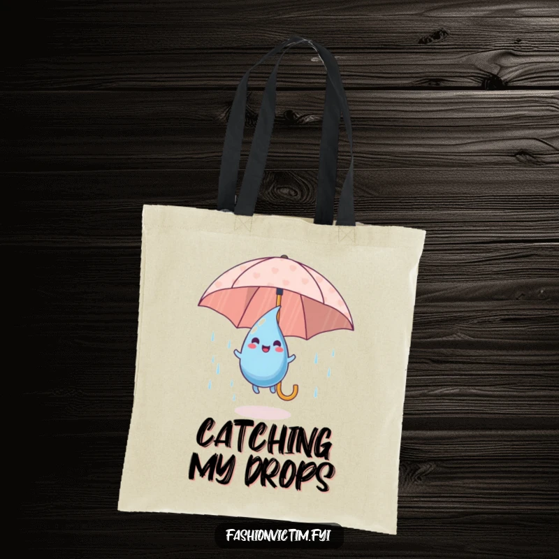 Funny Tote Bag with a playful raindrop character happily bouncing on a patterned umbrella, ready for any weather.