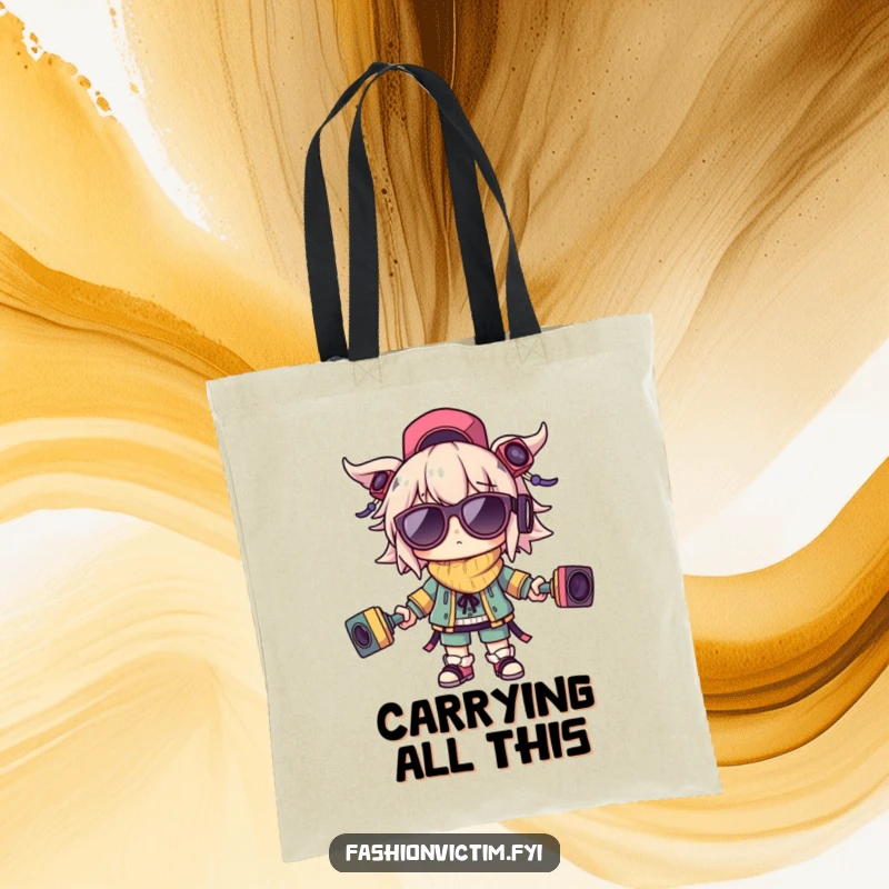Funny tote bag featuring a character balancing outlandish accessories, ideal for carrying items while expressing a humorous, chaotic vibe.