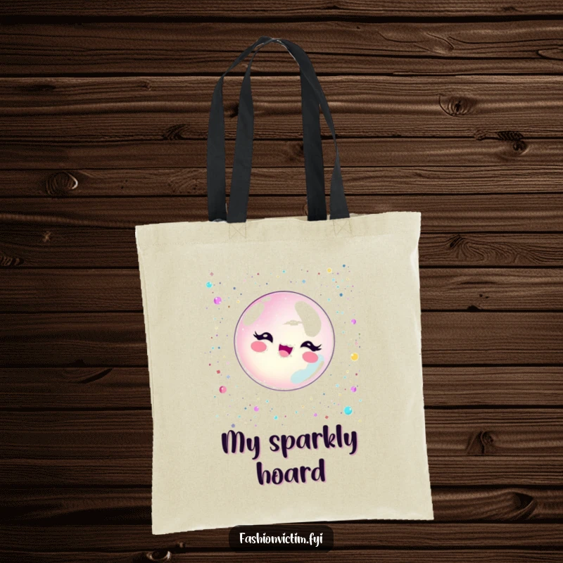 Funny bubble character exploding with delight amid a shower of glitter and sequins on a chic tote bag.