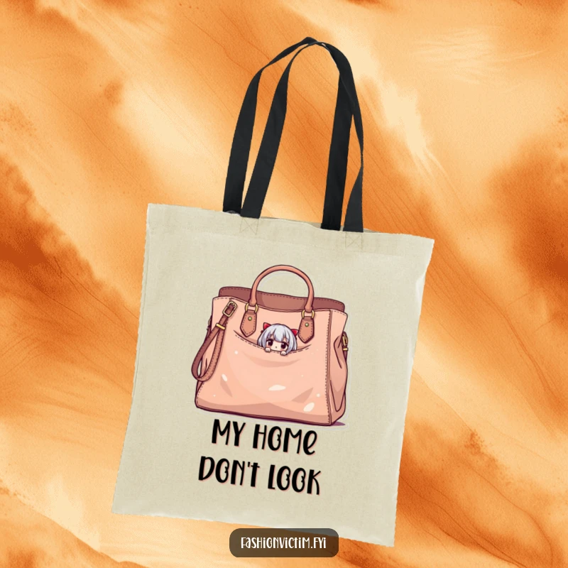 Funny tote bag featuring a tiny character peeking from a large, stylish handbag with minor damage, a humorous accessory.