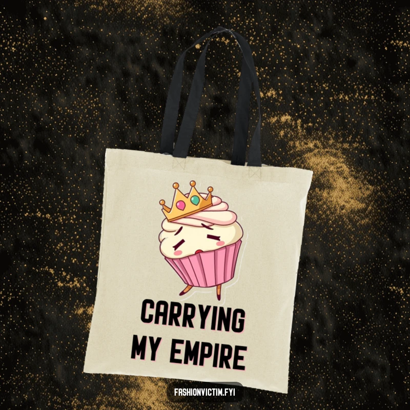 Funny tote bag featuring a confused cupcake wearing a backward tiny crown and tripping, looking bewildered.