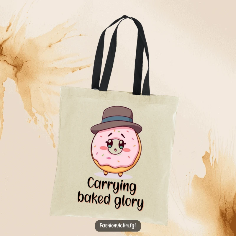 Funny tote bag featuring a donut character in a tiny designer hat looking shocked at its reflection, symbolizing sweet surprises.