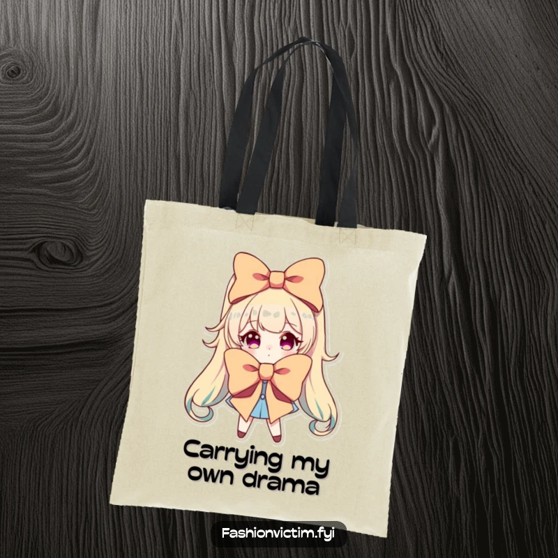 Funny tote bag with a character dramatically posing with an oversized, brightly colored bow, making a statement.