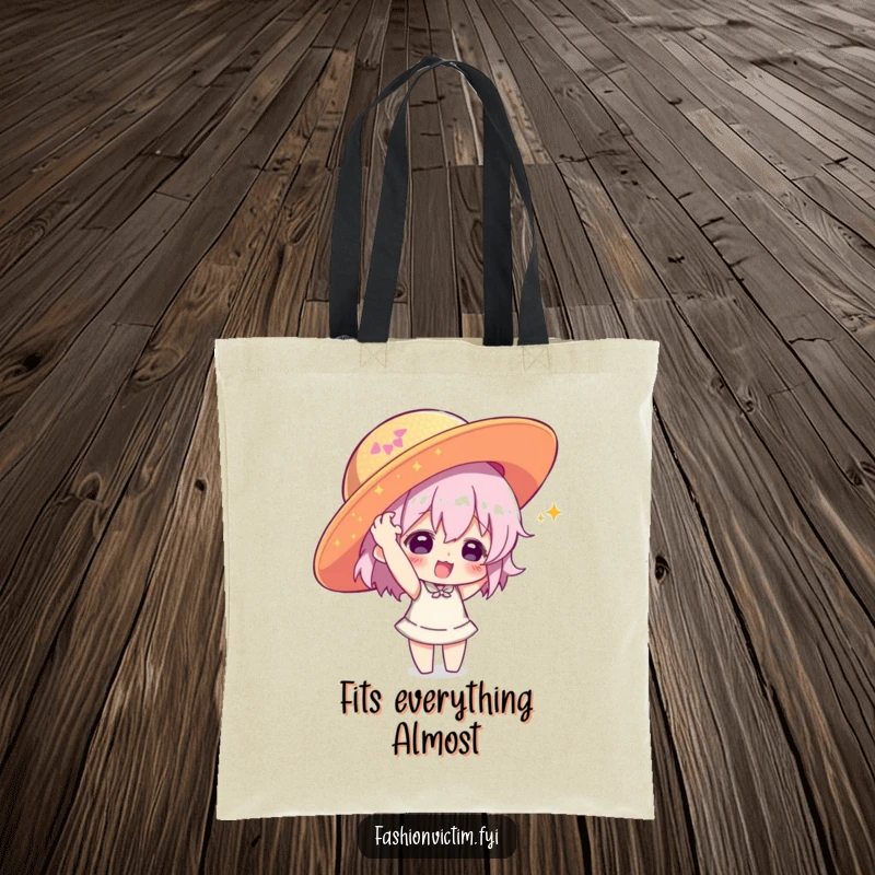 Funny tote bag featuring a character playfully putting on a large, sequined hat, a humorous accessory for carrying style.