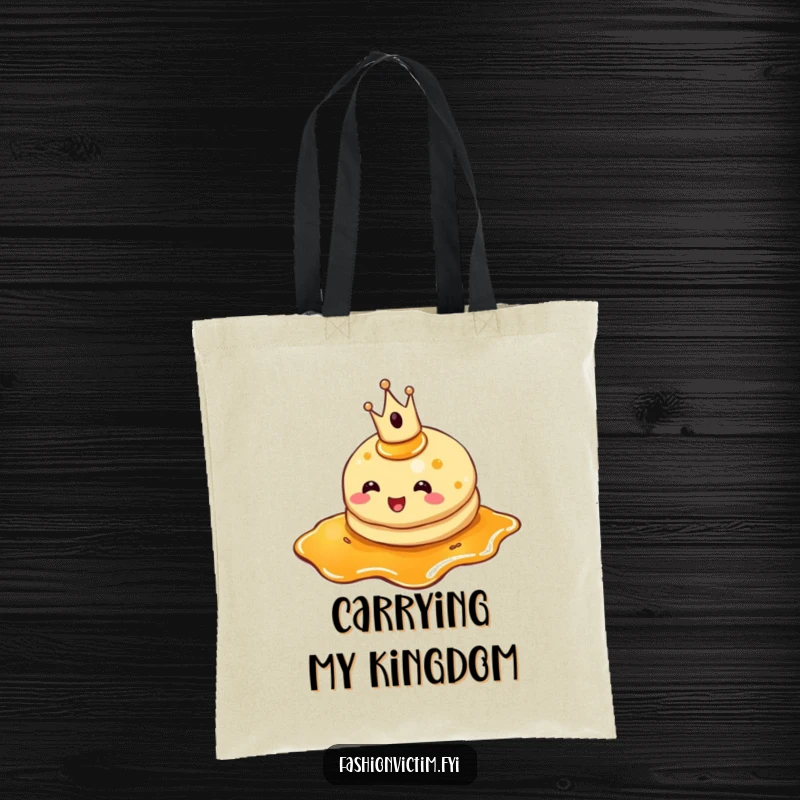 Funny pancake tote bag, a cheerful pancake with a crown, tripping in syrup, stylish and humorous.