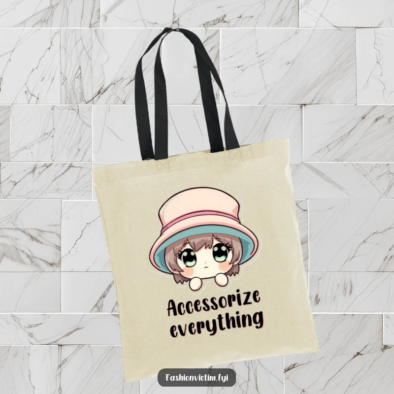 Funny tote bag with a character's wide eyes peeking from behind a giant, stylish hat, for carrying items.