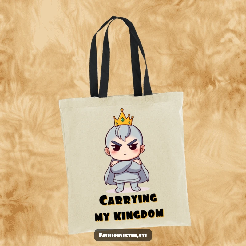 Funny tote bag featuring a character with arms crossed and a small crown tilted hilariously, perfect for sassy queens.