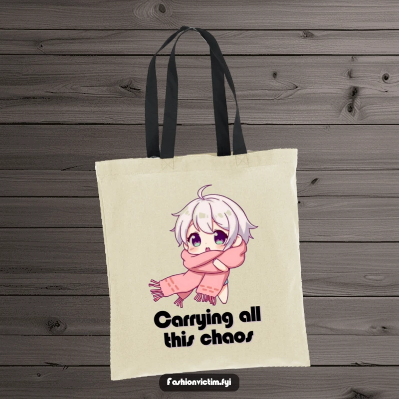 Funny tote bag featuring a character comically tangled in a long scarf, beaming with a look of happy surprise.