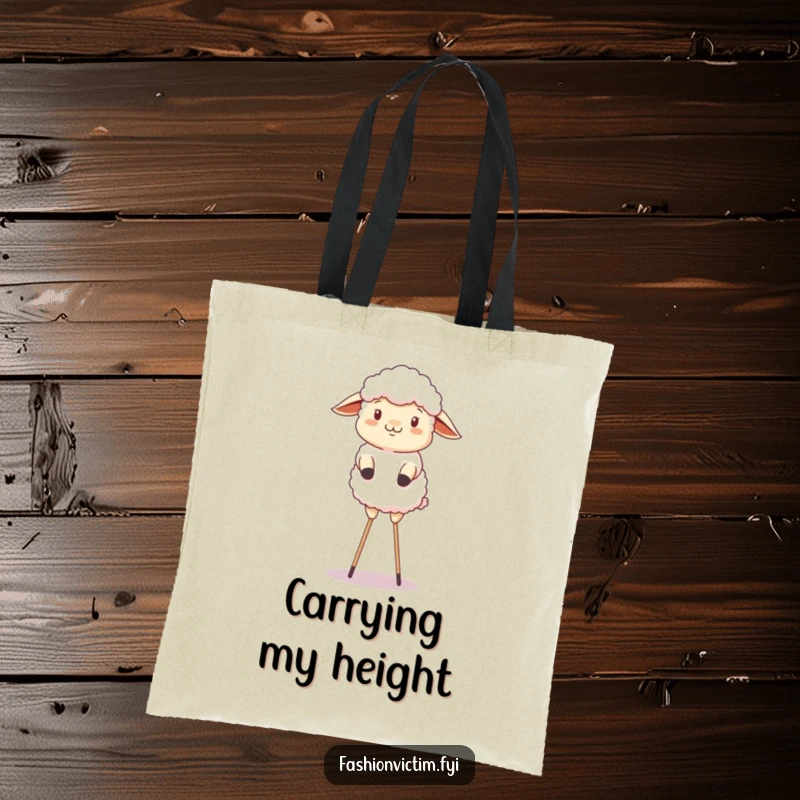Funny tote bag showing a fluffy sheep comically attempting a balancing act on stilts, perfect for farm enthusiasts.