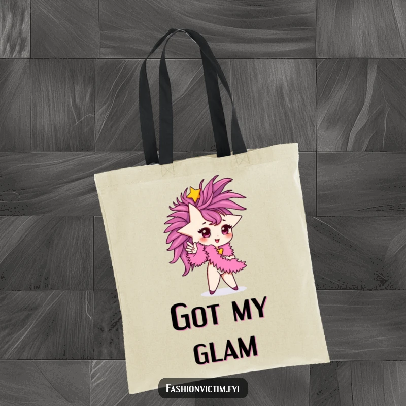 Funny Tote Bag featuring a tiny star character in a glamorous pose, holding a big feather boa. Stylish and fun.
