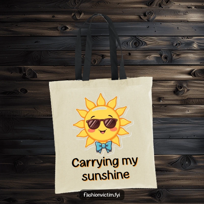 Funny tote bag with a cheerful smiling sun wearing sunglasses and a bowtie. Humorous and stylish accessory.