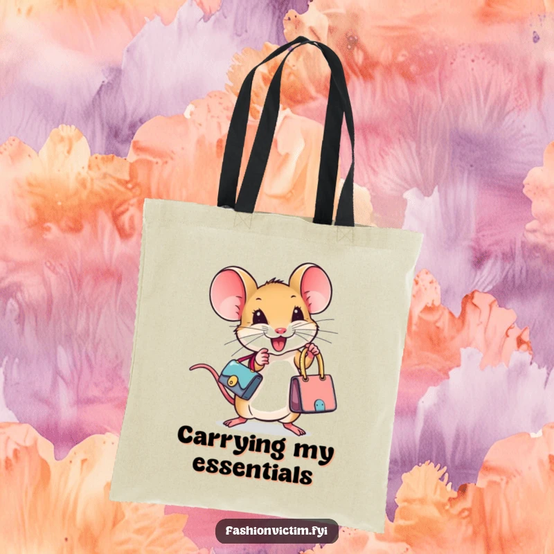 Funny tote bag featuring a tiny mouse joyfully holding a miniature designer handbag, perfect for stylish and humorous everyday use.