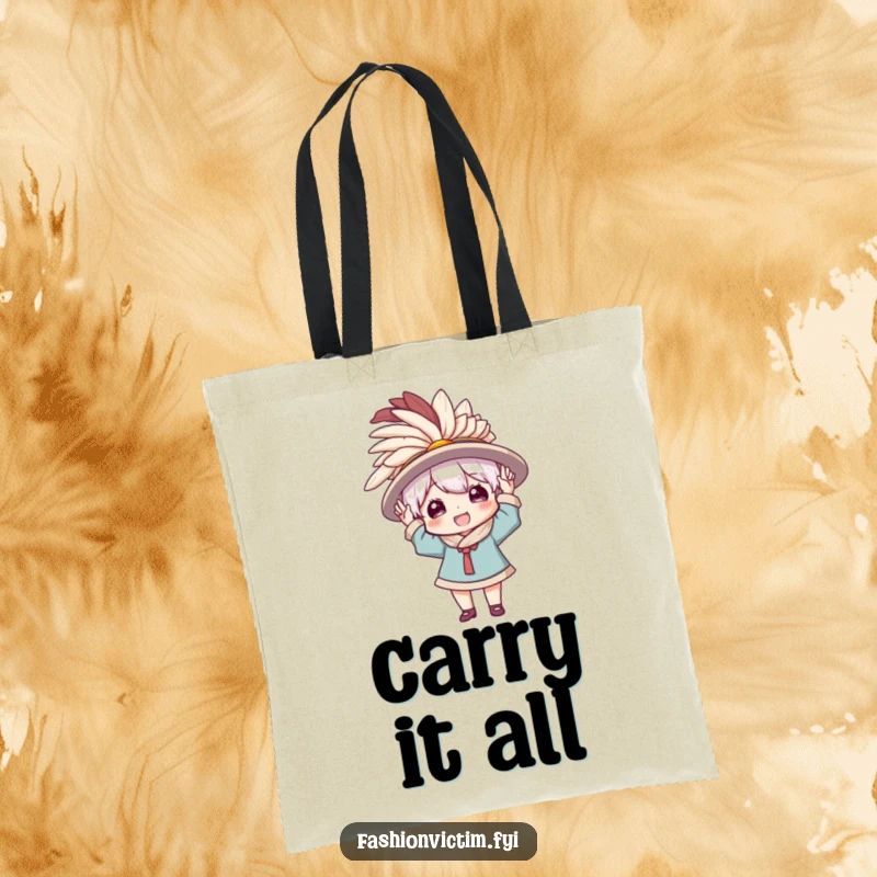 Funny tote bag illustration of a character enthusiastically wearing a comically large, feathered hat, perfect for carrying everyday items with flair.