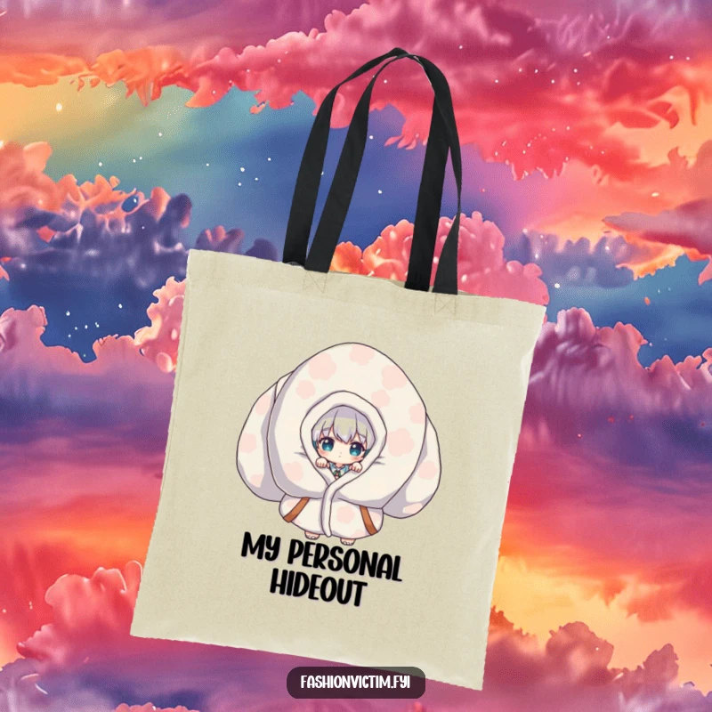 Funny Tote Bag showcasing a cute character peeking out from an oversized, patterned piece of clothing, designed for quiet charm.