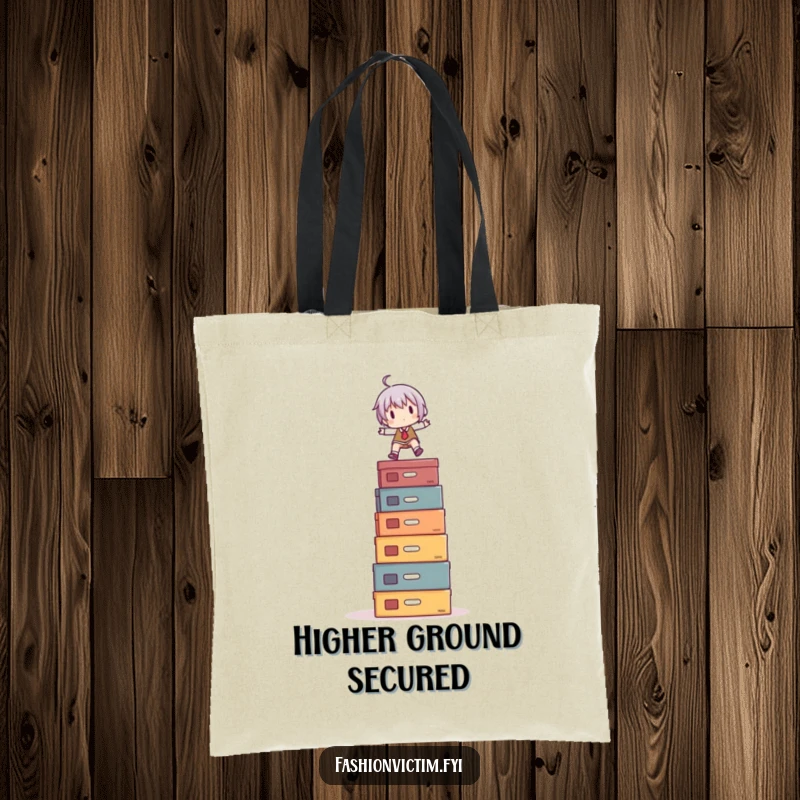 Funny Tote Bag: A character masterfully balancing on a mountain of shoe boxes, showcasing a humorous take on collecting fashionable footwear.