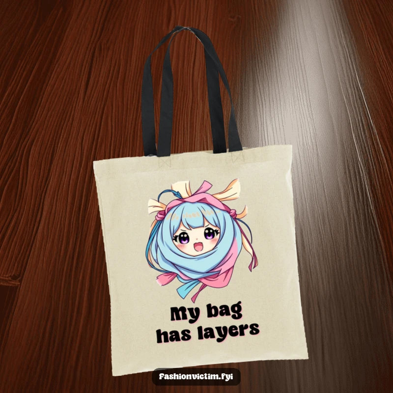 Funny tote bag featuring a character happily tangled in colorful fabric with a surprised, happy expression, symbolizing joyful disarray.