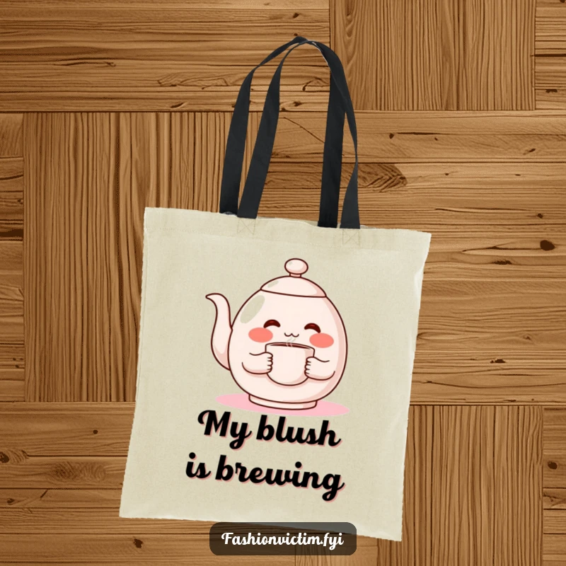 Funny canvas tote bag, a shy teapot character blushing red, holding a steaming cup, perfect for carrying daily items.