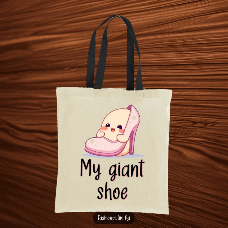 Funny tote bag with a cheerful blob character admiring a ridiculously large, sparkly shoe, a stylish and humorous accessory for daily use.