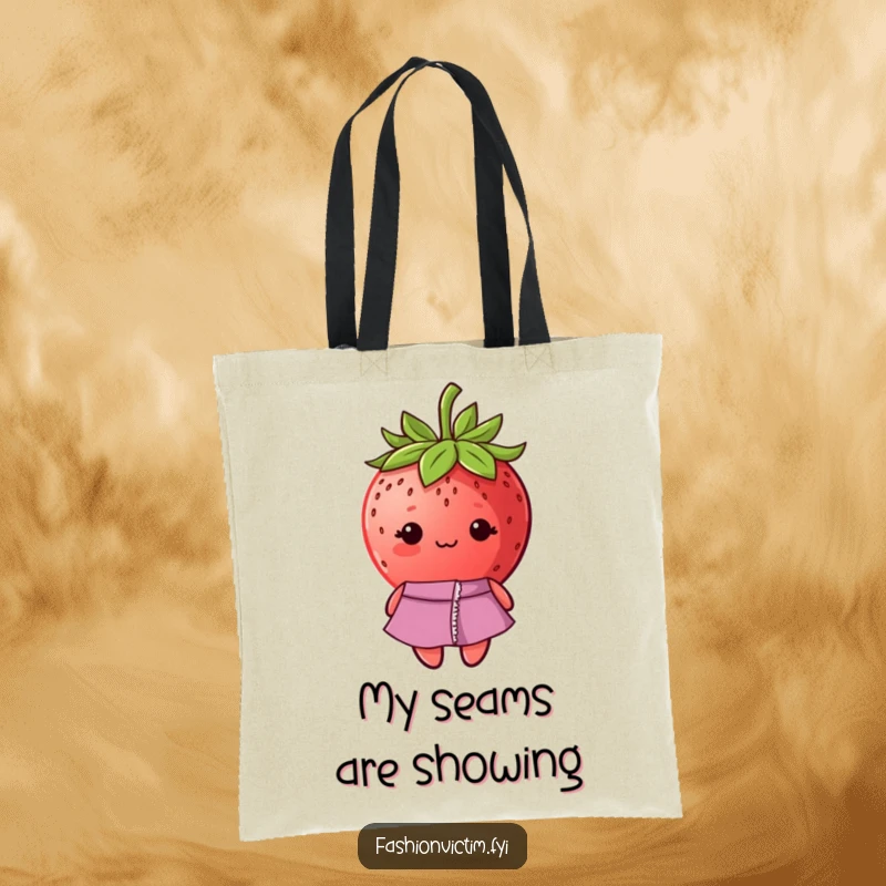 Funny tote bag with a shy strawberry sporting a fashionable dress with a ripped seam, looking a bit sheepish.