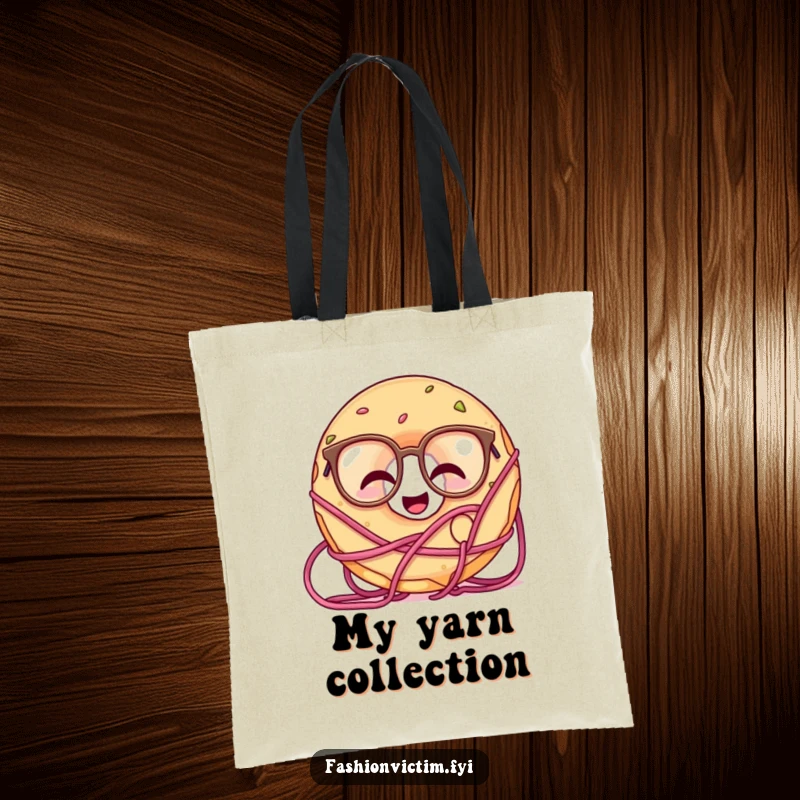 Funny tote bag featuring a giggling doughnut wearing oversized glasses, hilariously entangled in colorful yarn.