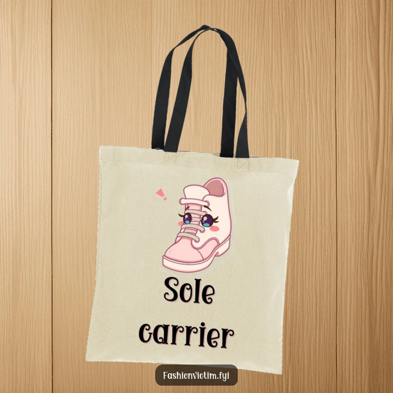 Funny tote bag illustration of a character surprised by a shoe that winked with a tiny eye, perfect for carrying everyday items with a smile.