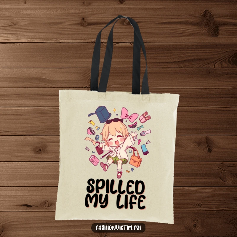 Funny tote bag featuring a character dramatically tripping and scattering fashion items, capturing humorous creative chaos.