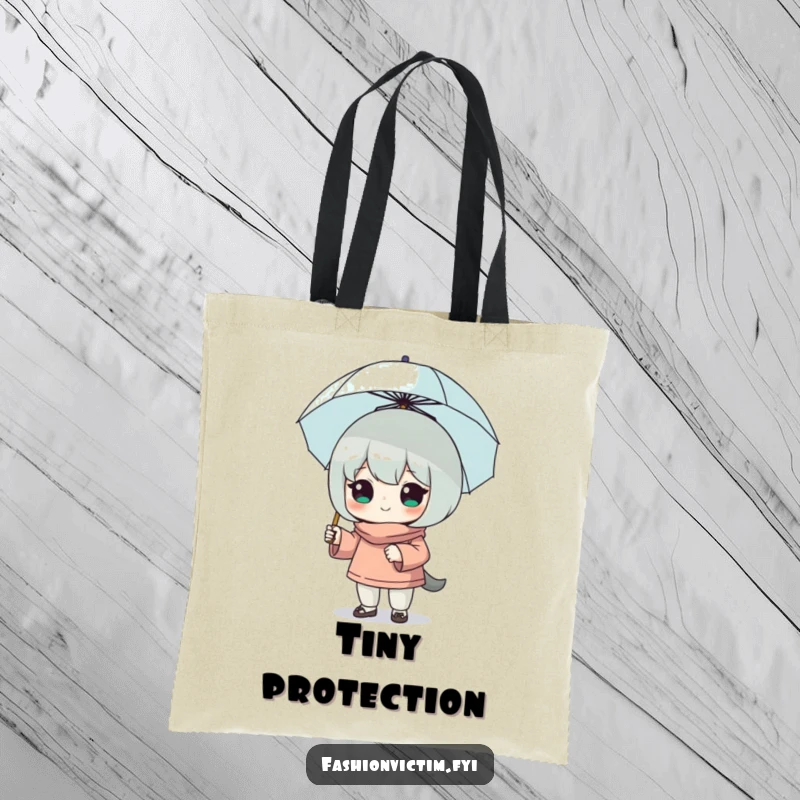 Funny tote bag featuring a character striking a confident pose with a tiny, whimsical umbrella, perfect for carrying daily necessities with humorous flair.